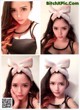 A collage of photos of a woman wearing a bunny ears headband.