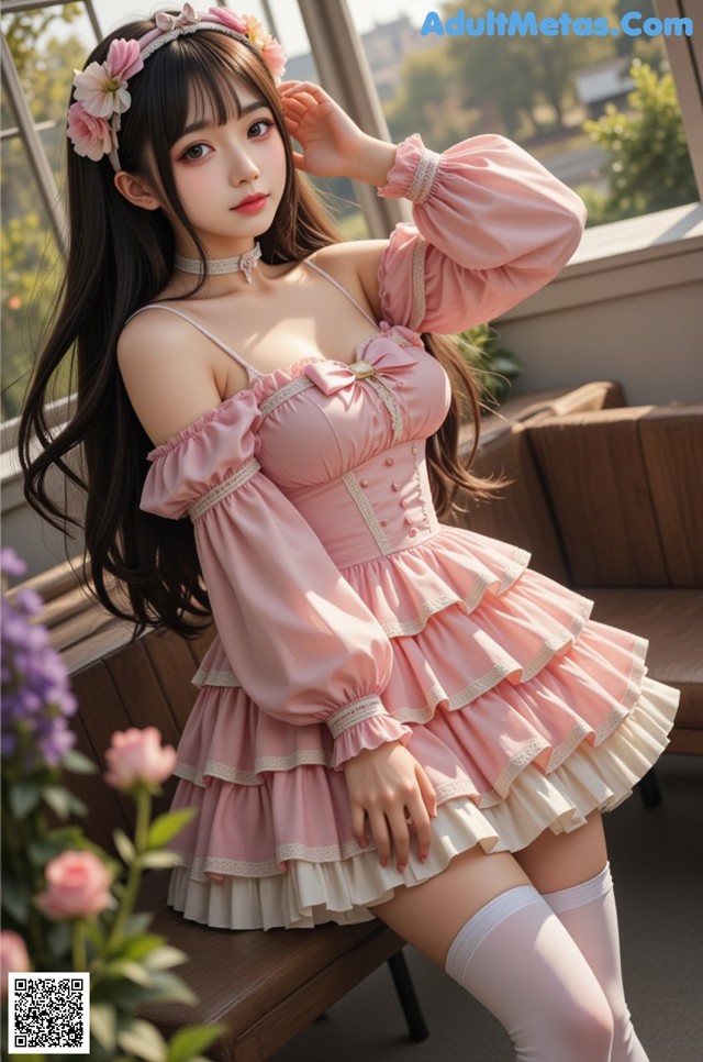 a woman in a pink dress and white stockings posing for a picture